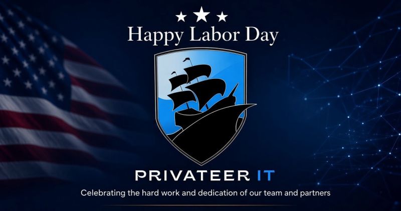 Happy Labor Day from Privateer IT. The Privateer IT shield in front of an American flag, celebrating the hard work and dedication of our team and partners.