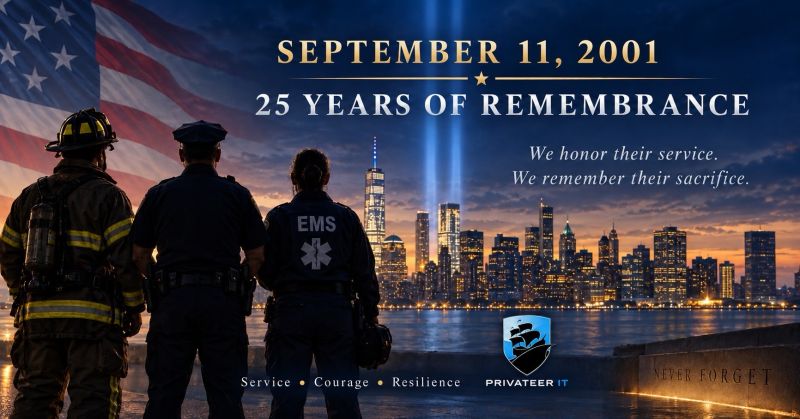 September 11, 2001: 25 years of remembrance. A firefighter, a police officer, and an EMT look across the water at the New York skyline and the Tribute in Light. We honor their service. We remember their sacrifice.