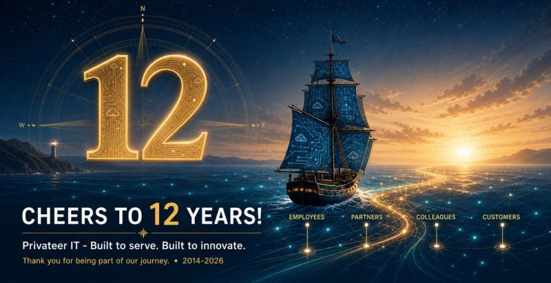 Cheers to 12 years! A golden 12 and a tall ship with circuit-patterned sails at sunrise. Privateer IT: built to serve, built to innovate. Thank you for being part of our journey, 2014 to 2026.