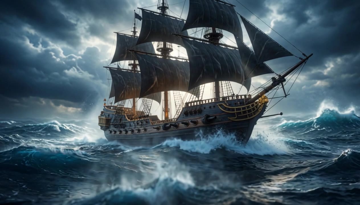 A tall ship under dark sails driving through a storm at sea.